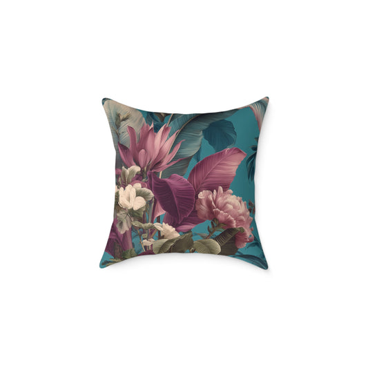 Teal Tropic Bloom - Square Poly Canvas Pillow