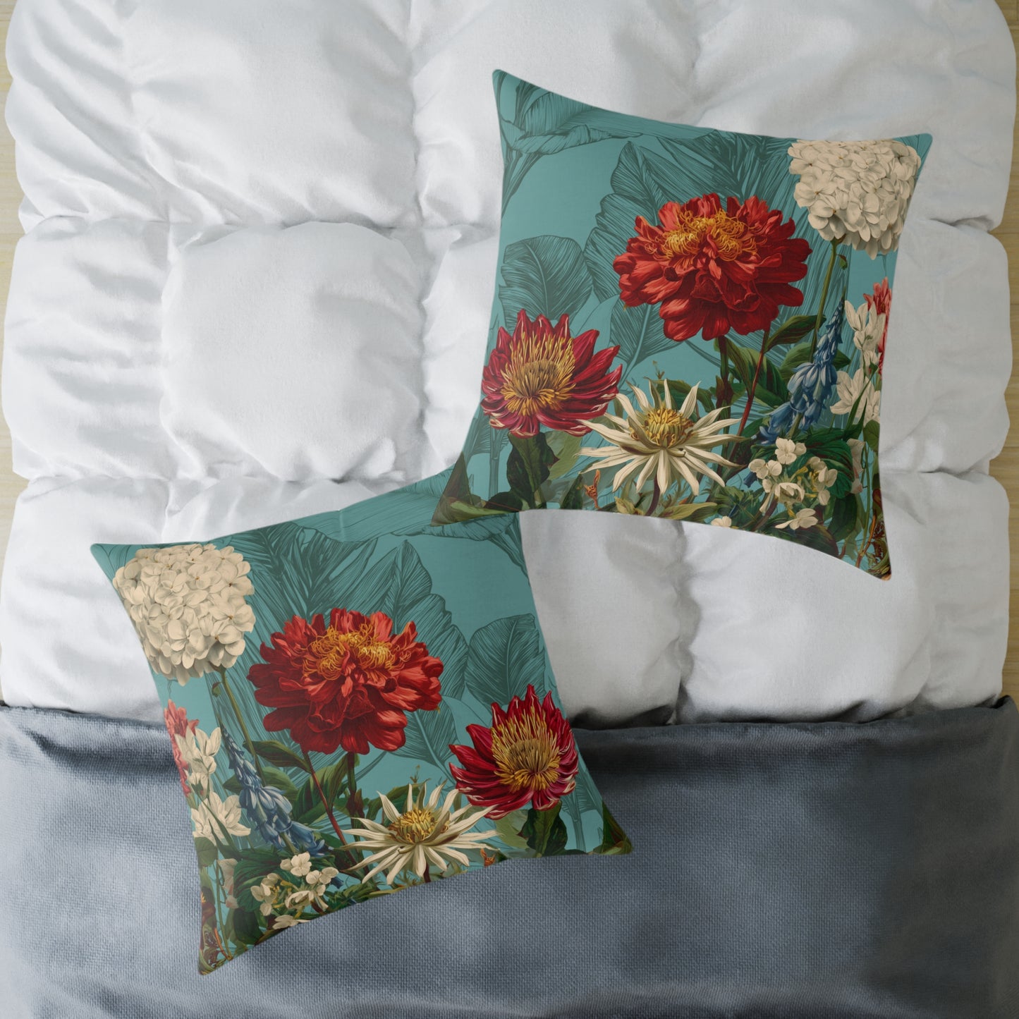 Teal Bloom Harmony - Square Poly Canvas Pillow