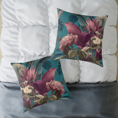 Teal Tropic Bloom - Square Poly Canvas Pillow
