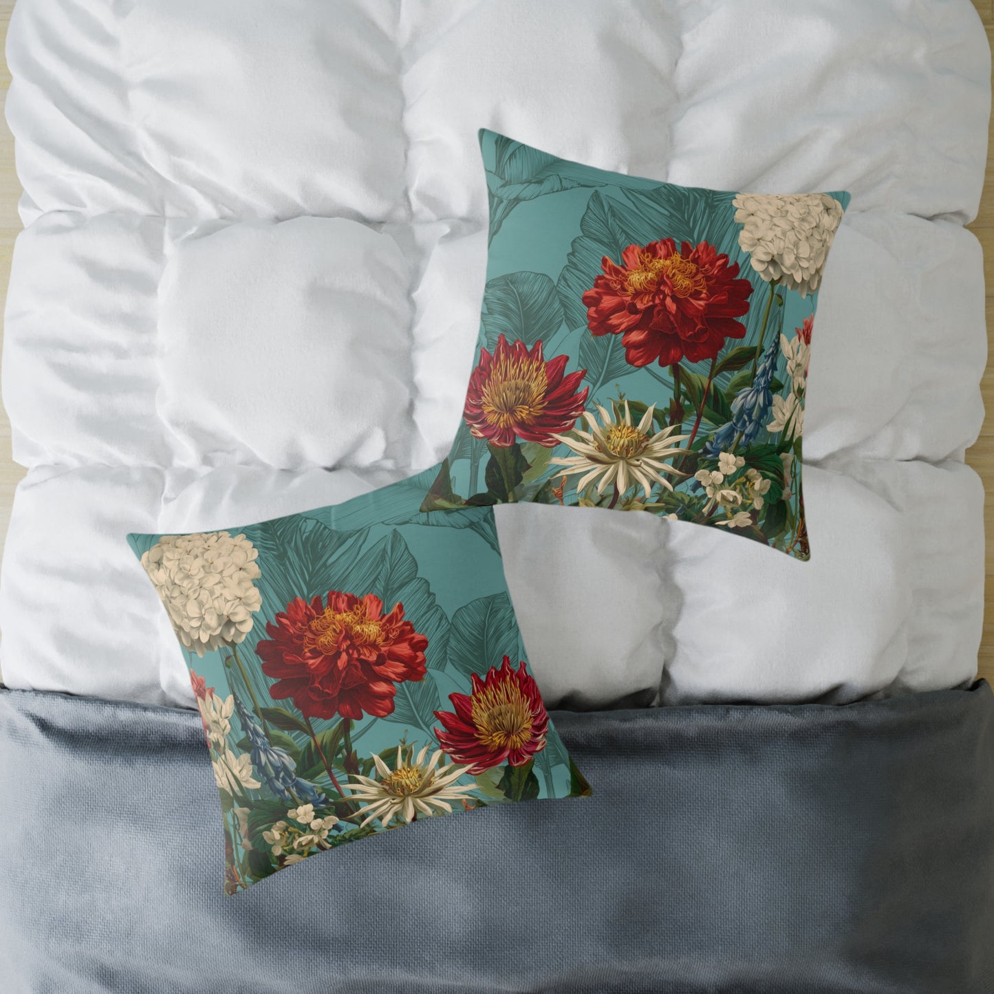 Teal Bloom Harmony - Square Poly Canvas Pillow