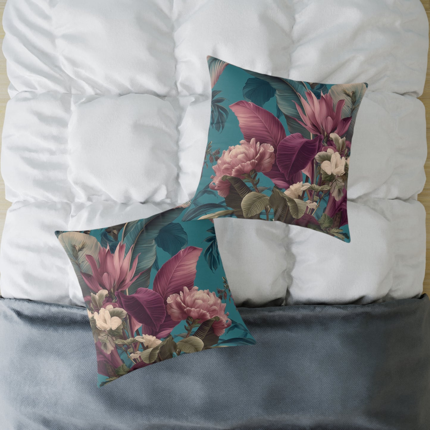 Teal Tropic Bloom - Square Poly Canvas Pillow