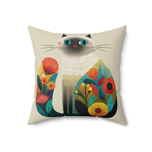 Floral Patchwork Cat - Faux Suede Square Pillow