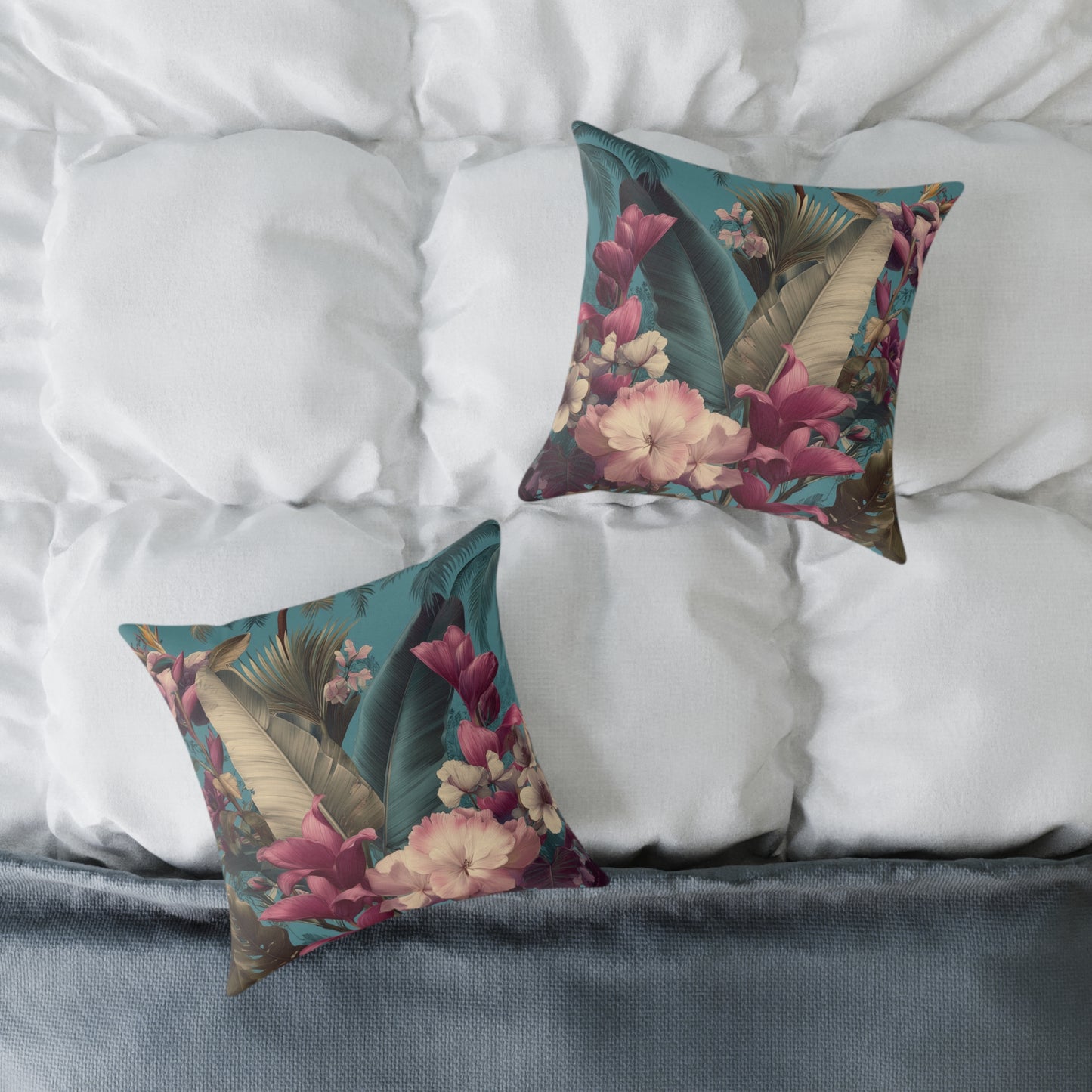 Jade Bloom Reverie - Square Poly Canvas Pillow