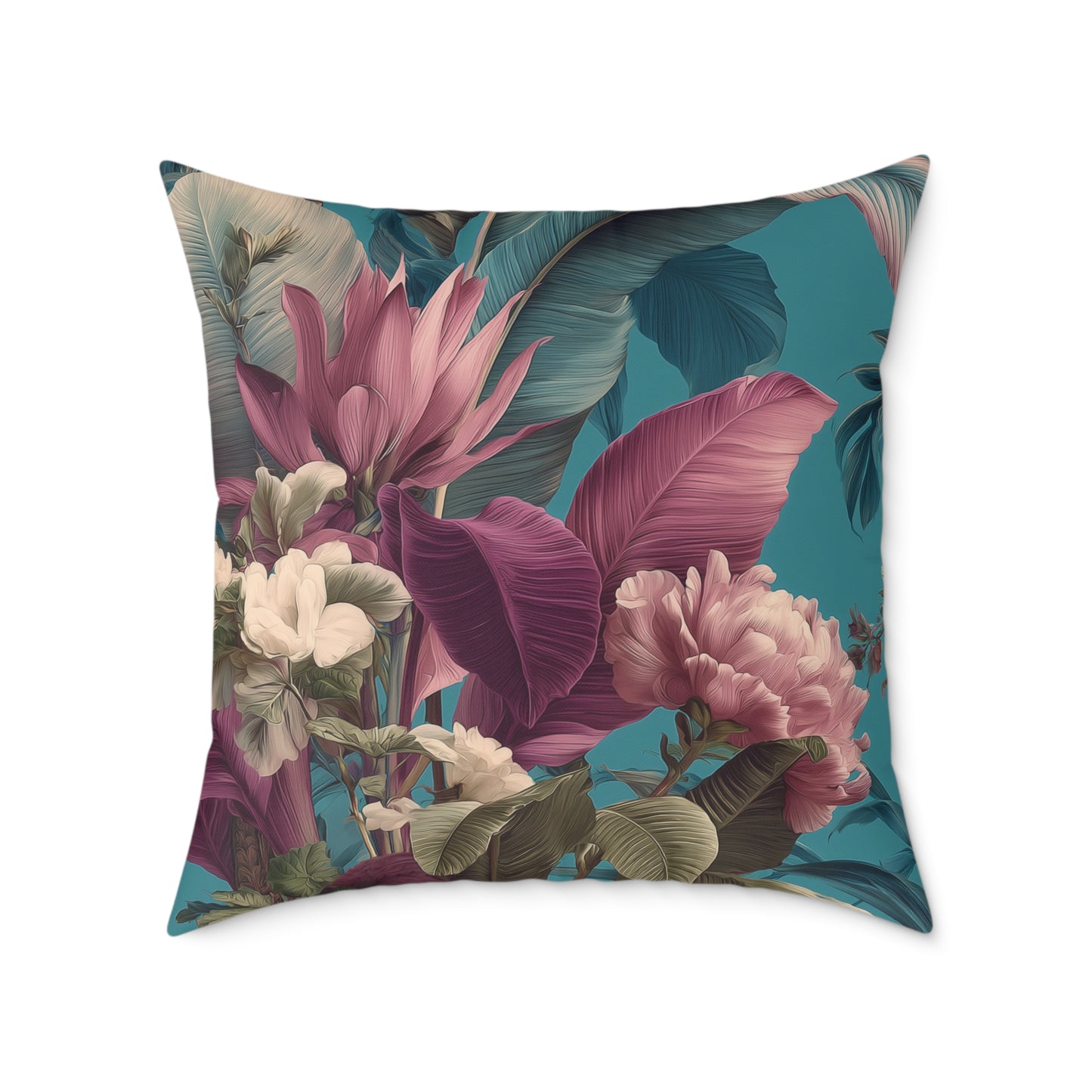 Teal Tropic Bloom - Square Poly Canvas Pillow