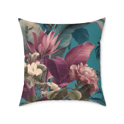 Teal Tropic Bloom - Square Poly Canvas Pillow