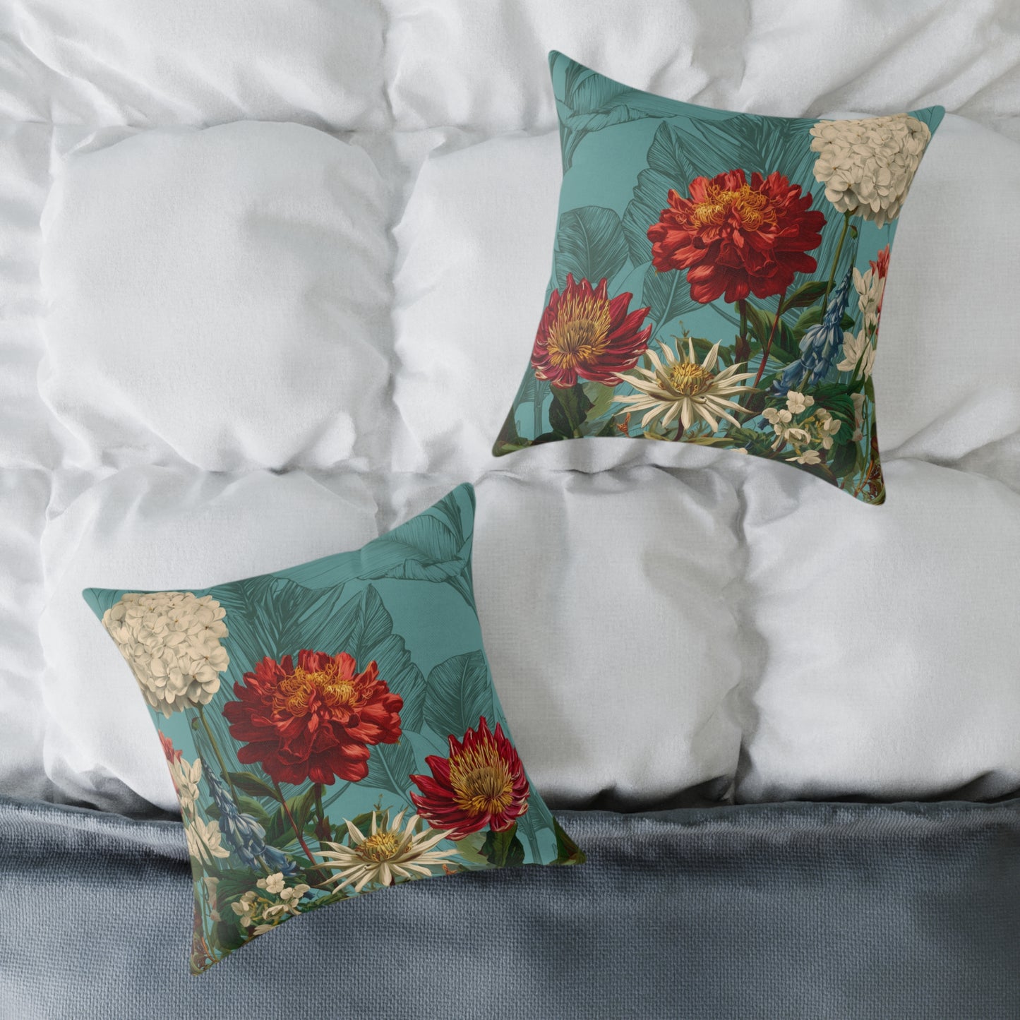 Teal Bloom Harmony - Square Poly Canvas Pillow