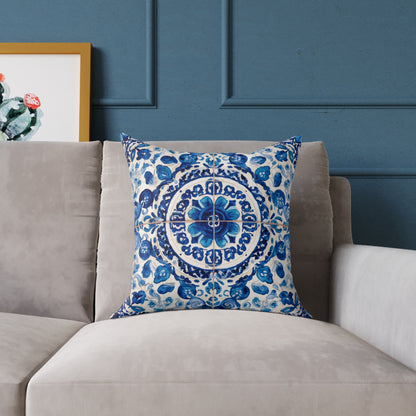 Blue Majolica Medallion - Square Poly Canvas Pillow
