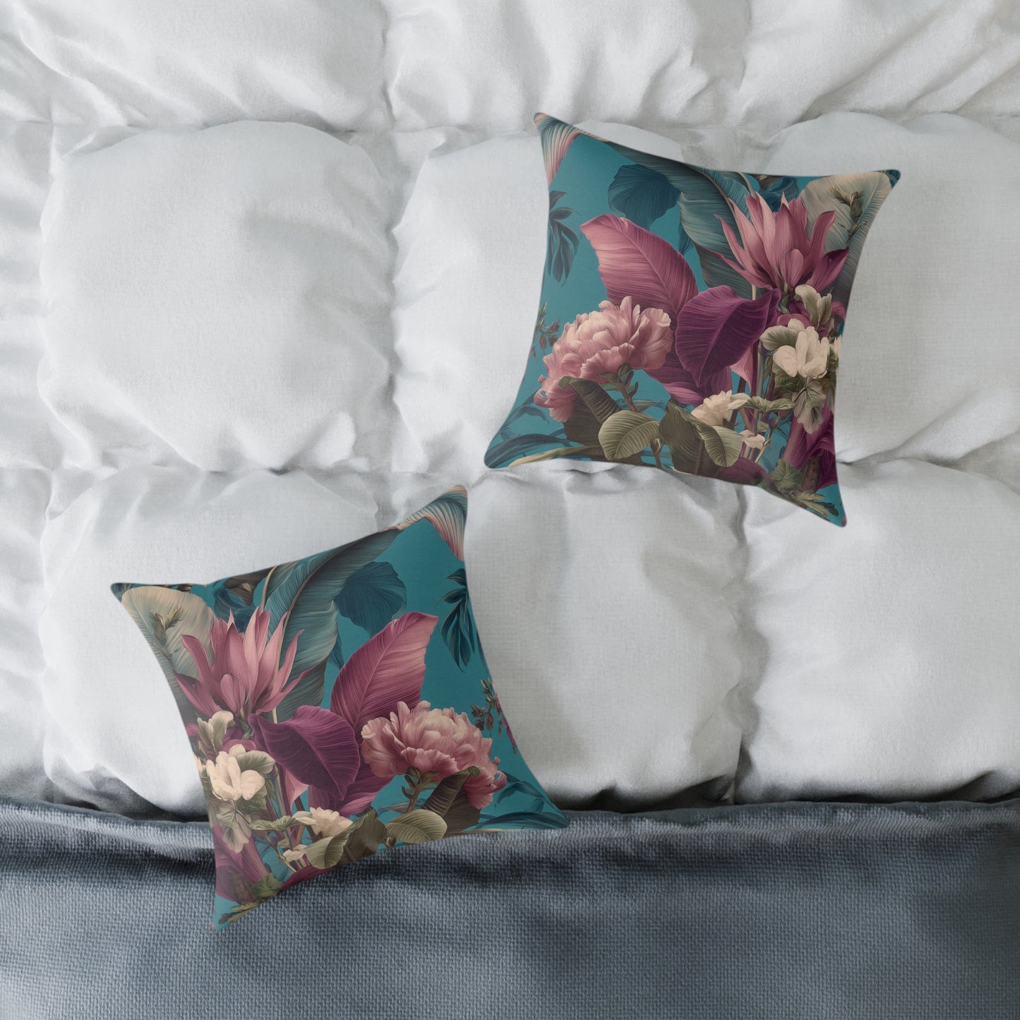 Teal Tropic Bloom - Square Poly Canvas Pillow