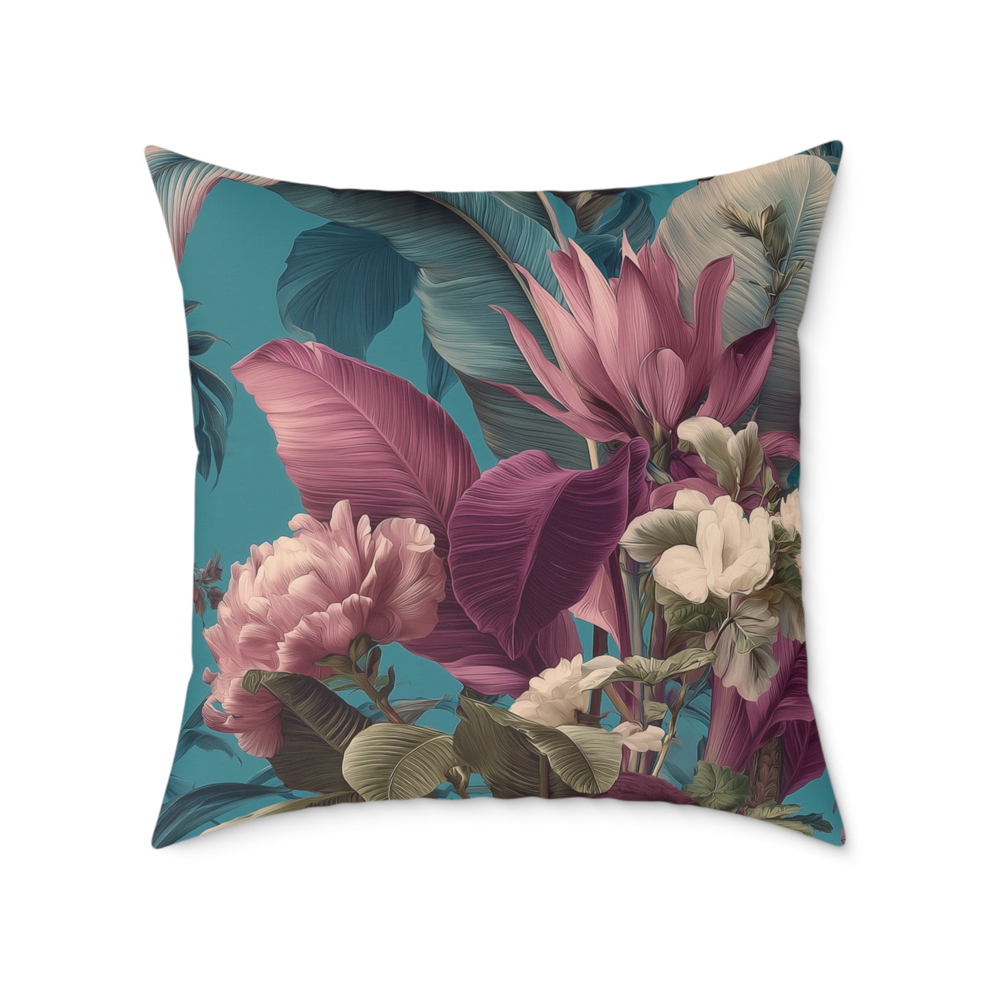 Teal Tropic Bloom - Square Poly Canvas Pillow