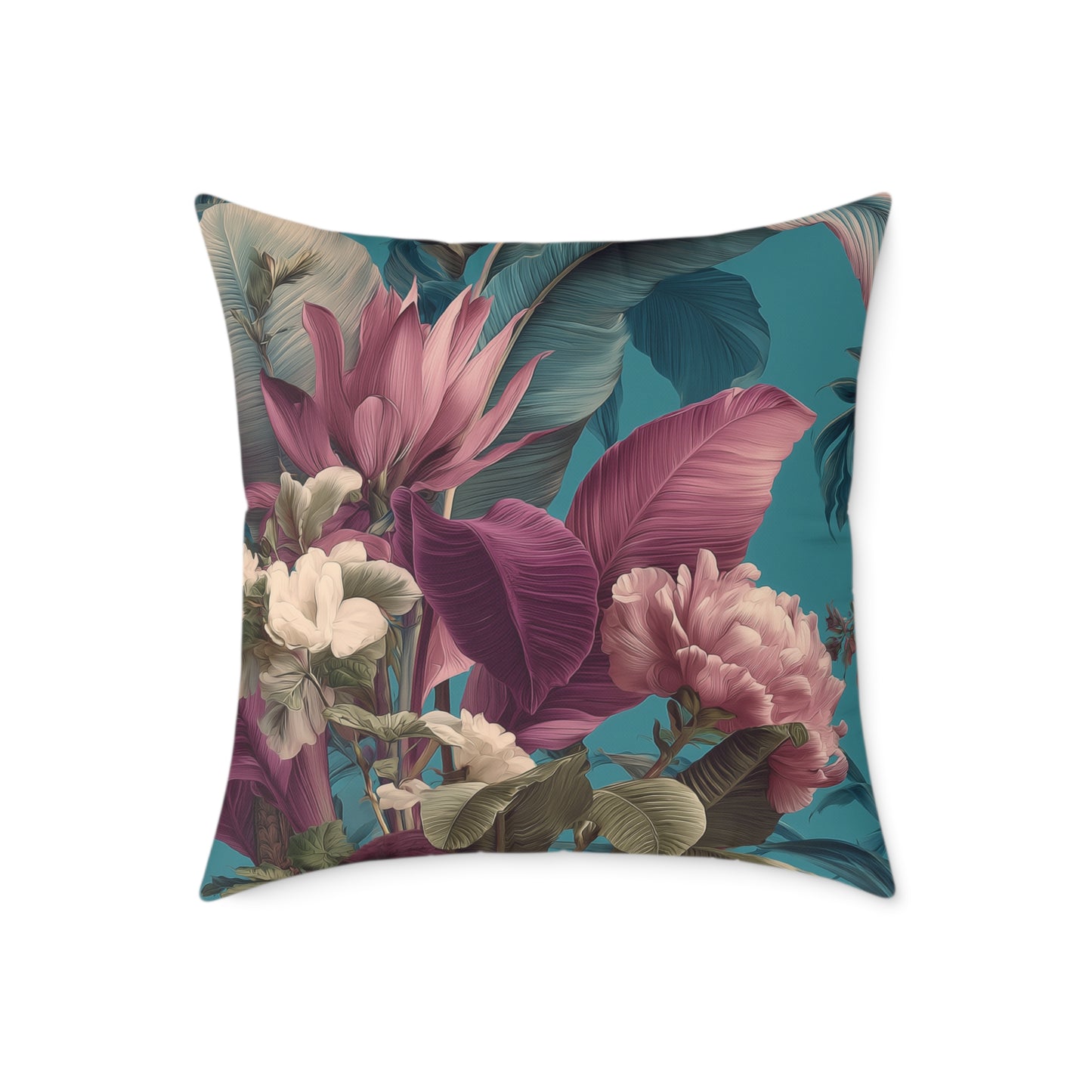 Teal Tropic Bloom - Square Poly Canvas Pillow