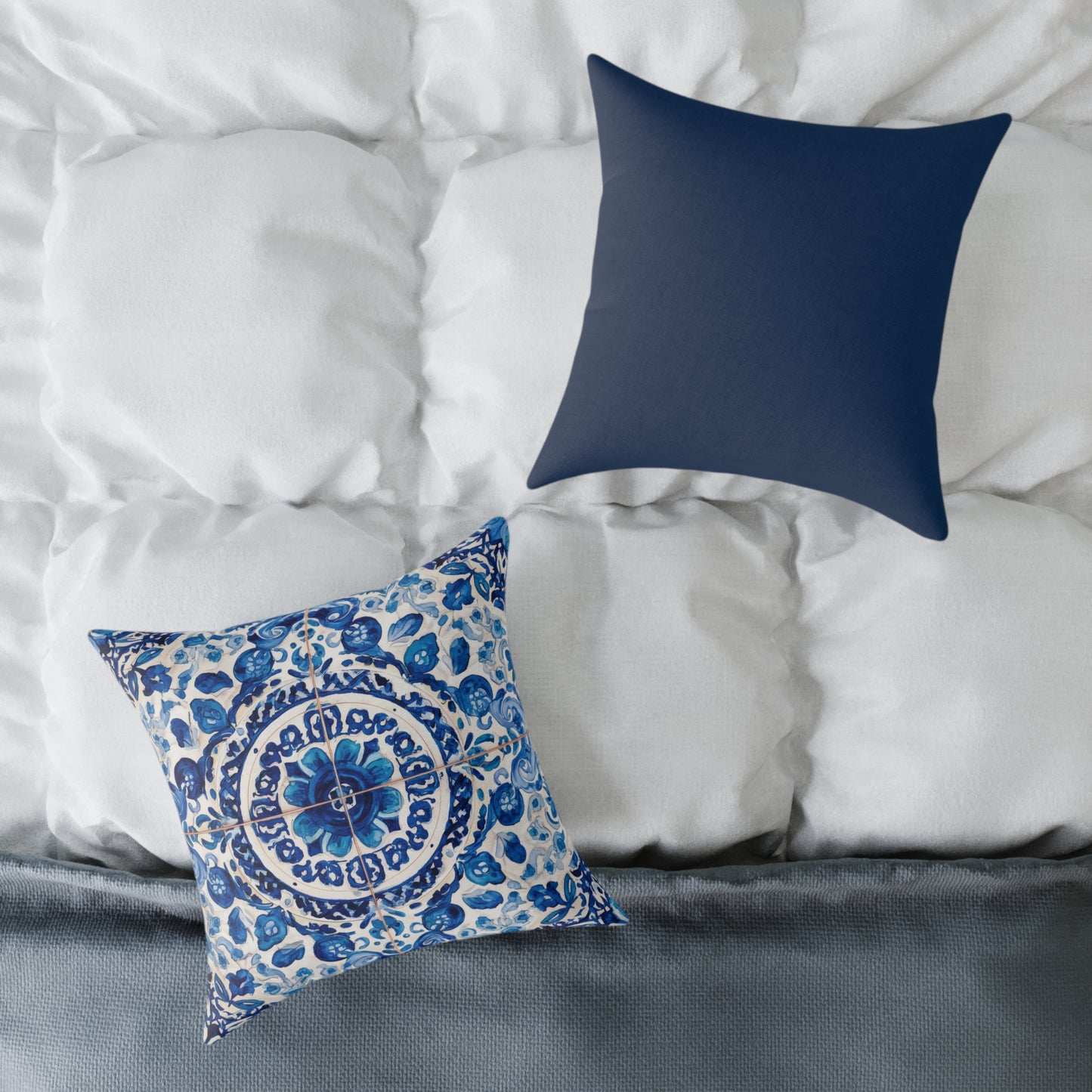 Blue Majolica Medallion - Square Poly Canvas Pillow