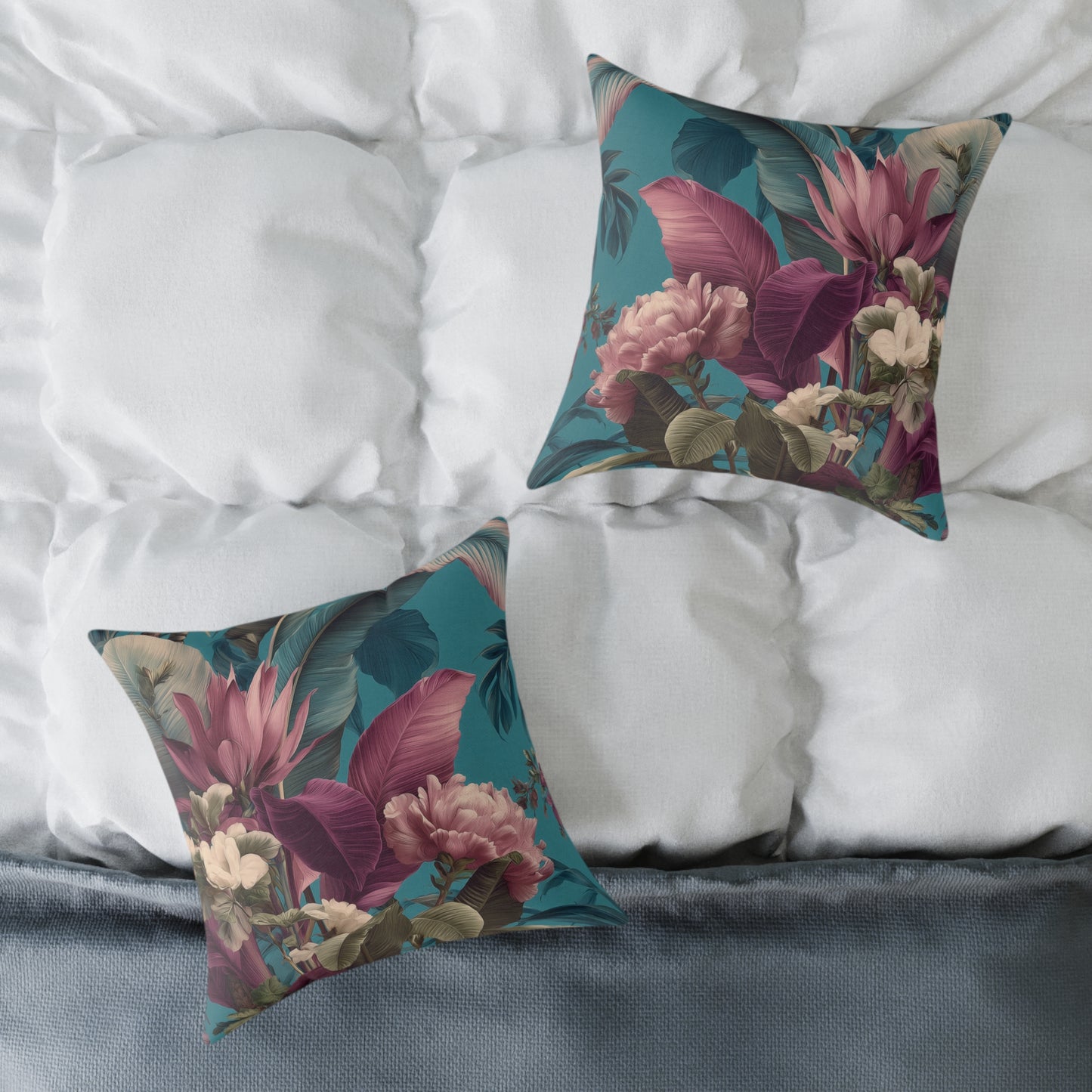 Teal Tropic Bloom - Square Poly Canvas Pillow