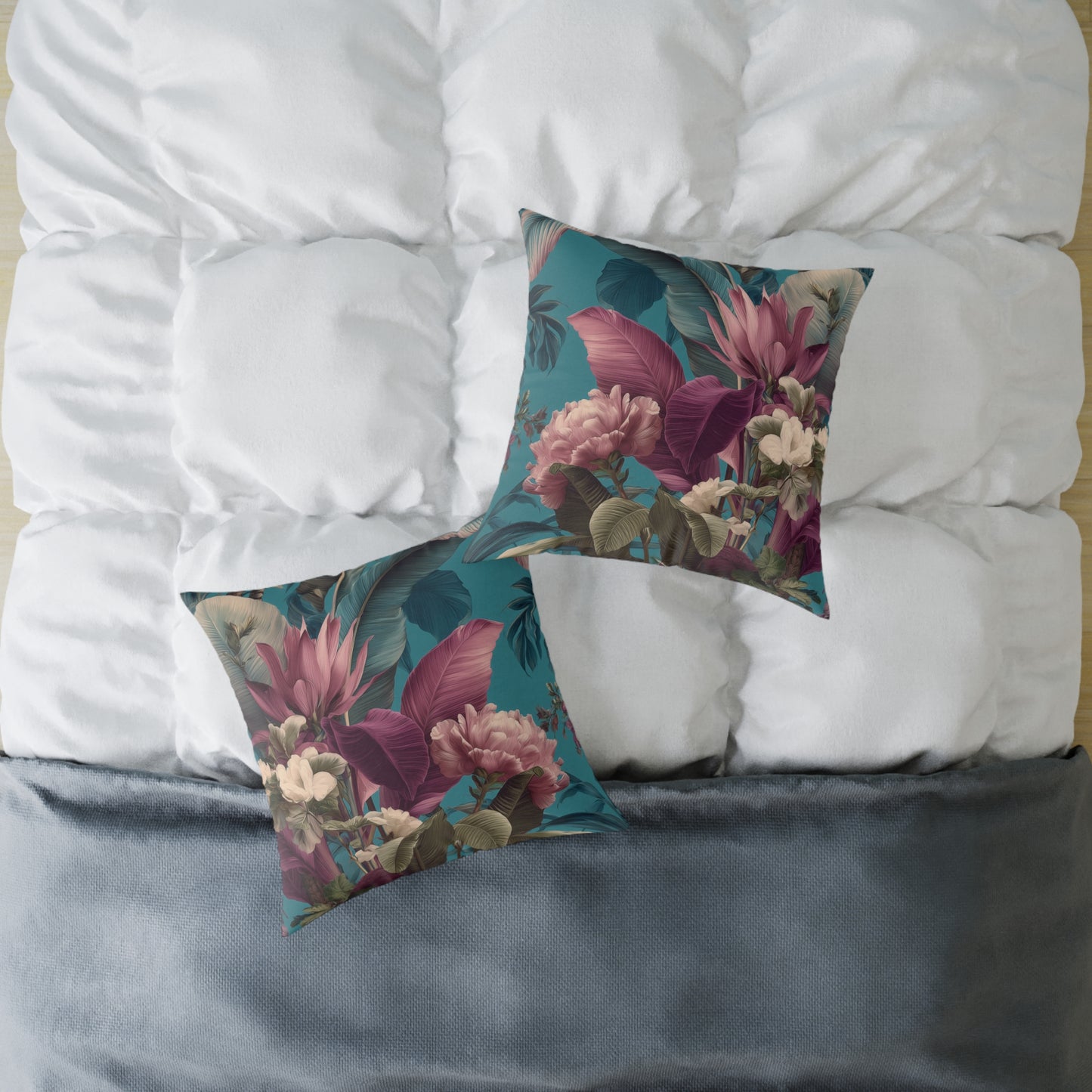 Teal Tropic Bloom - Square Poly Canvas Pillow