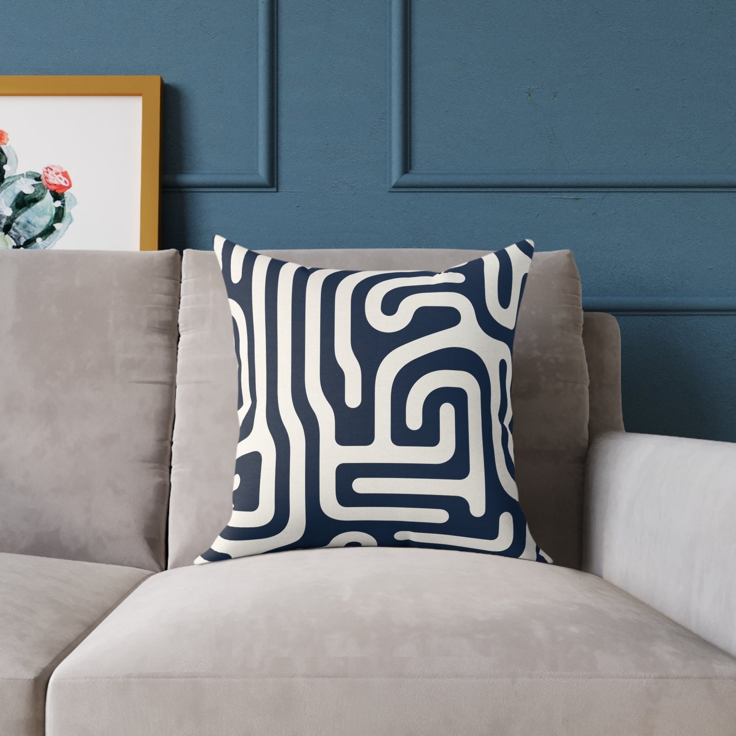 Labyrinth – Navy - Square Poly Canvas Pillow
