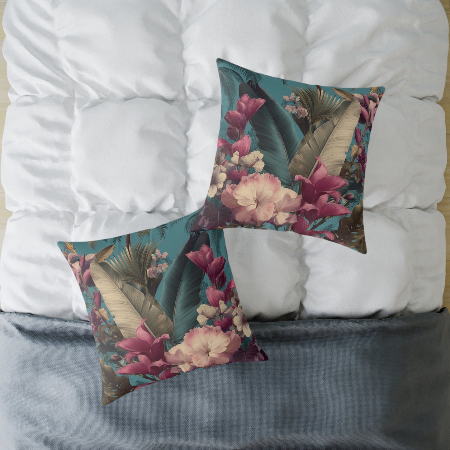 Jade Bloom Reverie - Square Poly Canvas Pillow