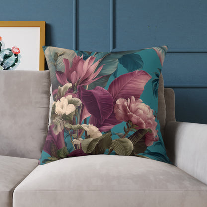 Teal Tropic Bloom - Square Poly Canvas Pillow