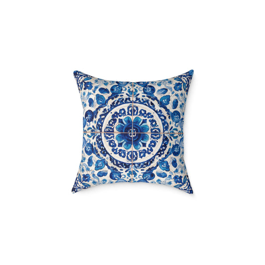 Blue Majolica Medallion - Square Poly Canvas Pillow