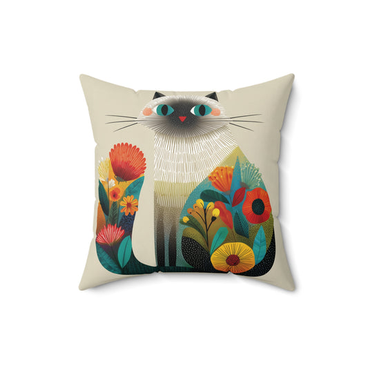 Floral Patchwork Cat - Faux Suede Square Pillow