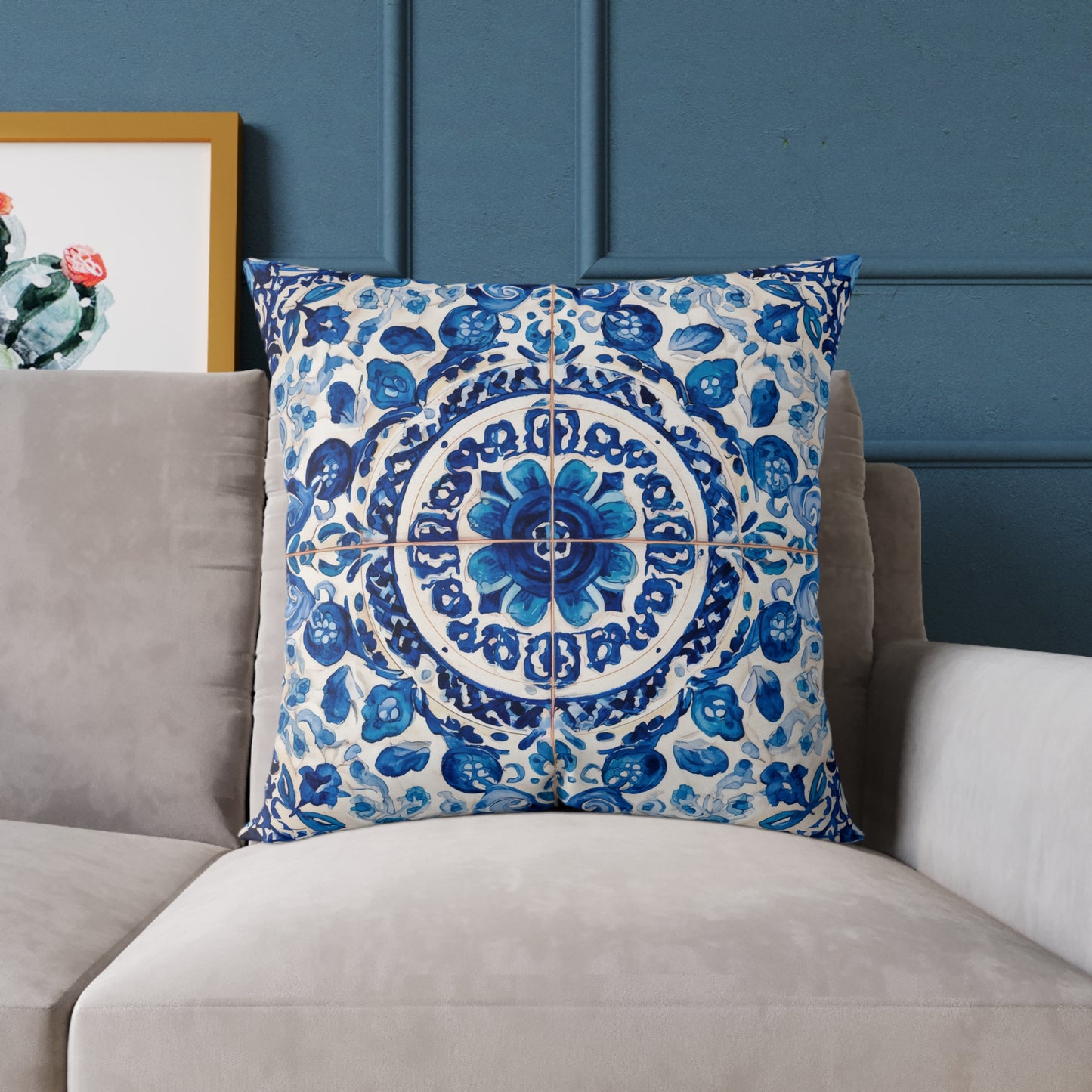 Blue Majolica Medallion - Square Poly Canvas Pillow