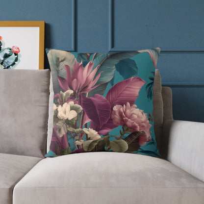 Teal Tropic Bloom - Square Poly Canvas Pillow