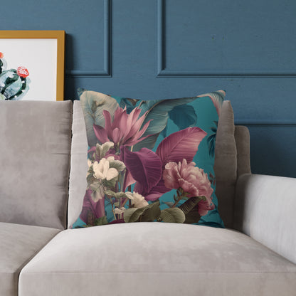 Teal Tropic Bloom - Square Poly Canvas Pillow