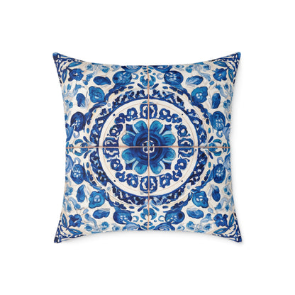 Blue Majolica Medallion - Square Poly Canvas Pillow