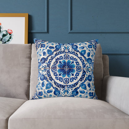 Blue Majolica Medallion - Square Poly Canvas Pillow