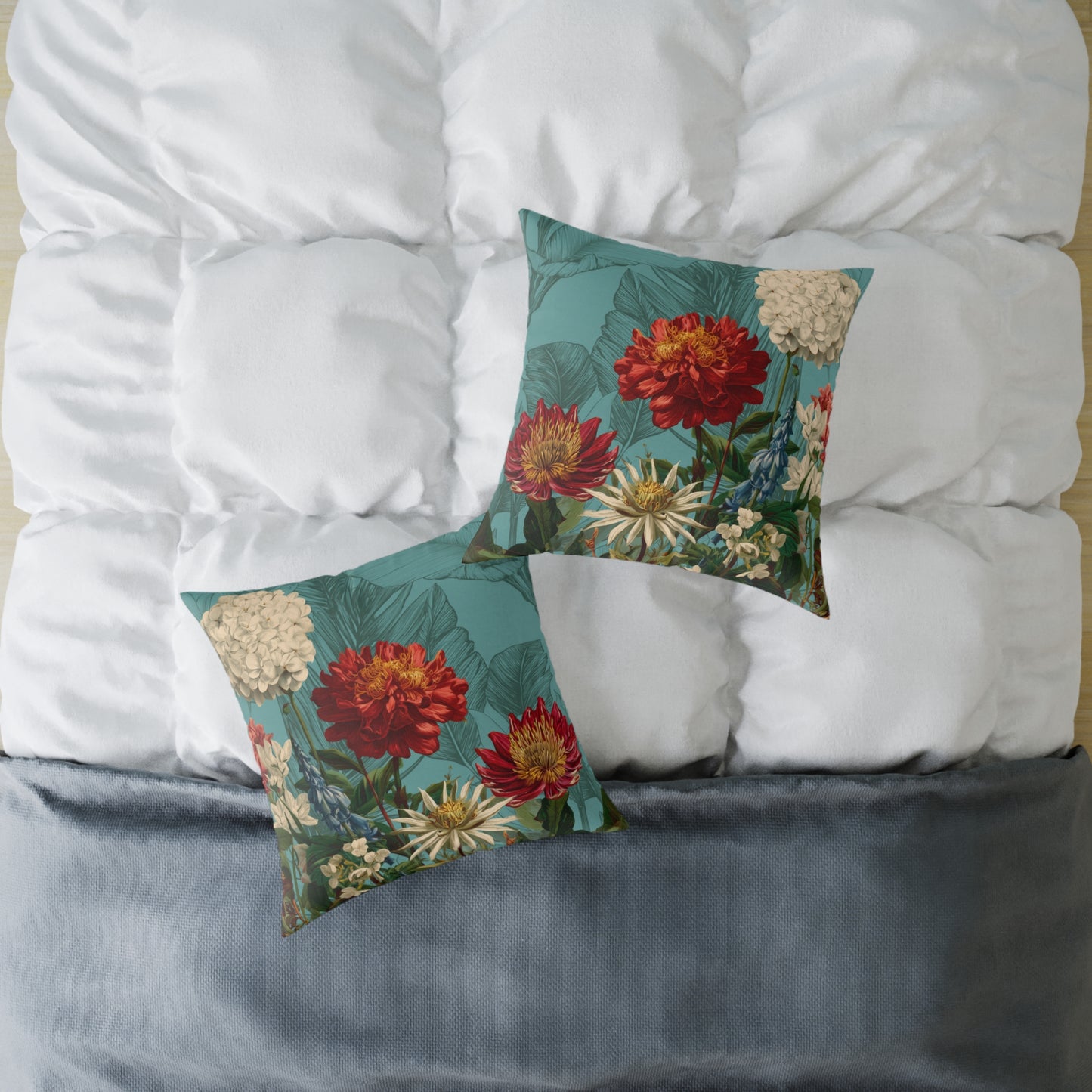 Teal Bloom Harmony - Square Poly Canvas Pillow