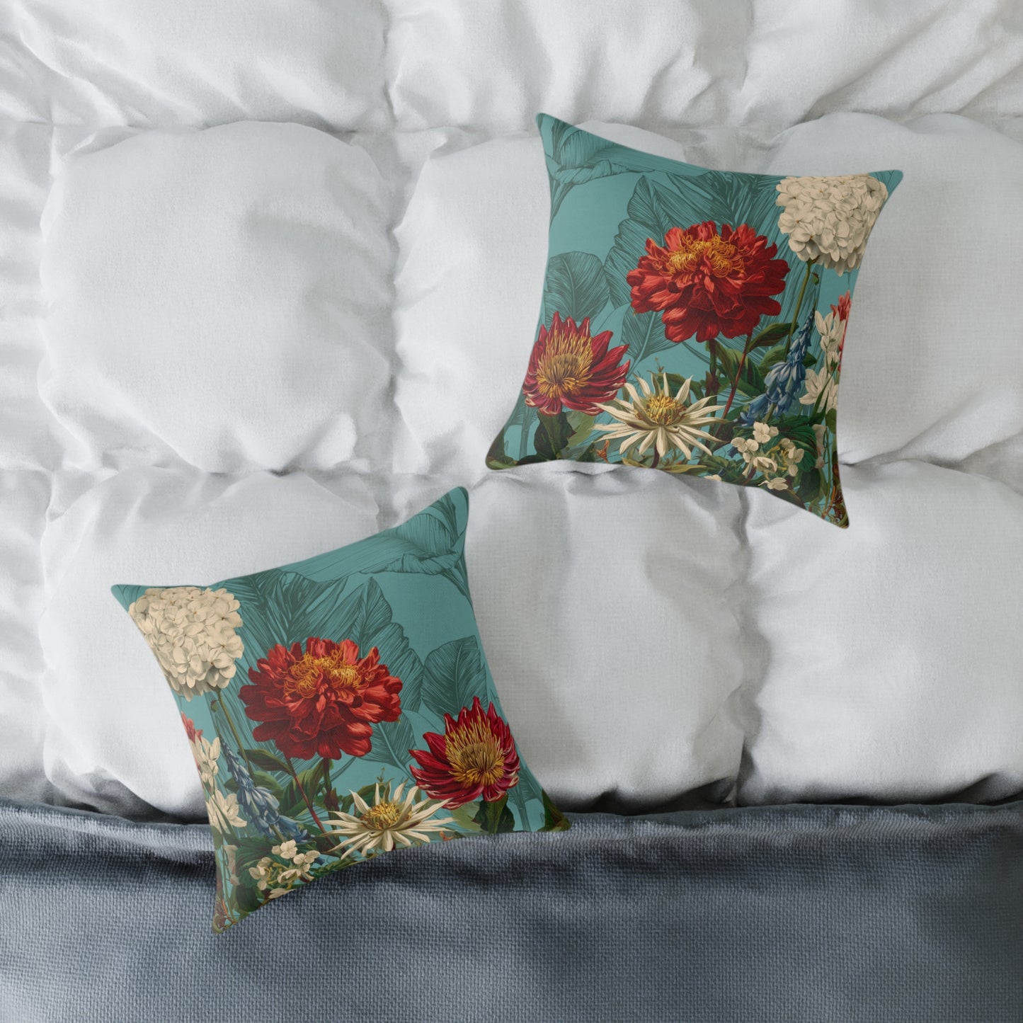 Teal Bloom Harmony - Square Poly Canvas Pillow
