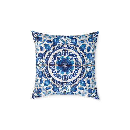 Blue Majolica Medallion - Square Poly Canvas Pillow