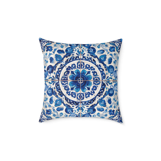 Blue Majolica Medallion - Square Poly Canvas Pillow