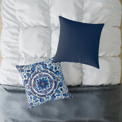 Blue Majolica Medallion - Square Poly Canvas Pillow